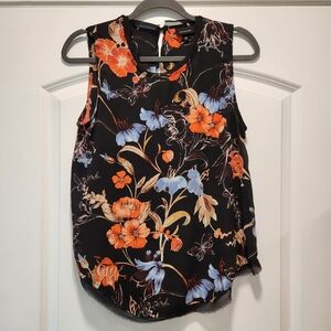 WHO WHAT WEAR FLORAL POLYESTER TOP SHEER TRIM SIZE M